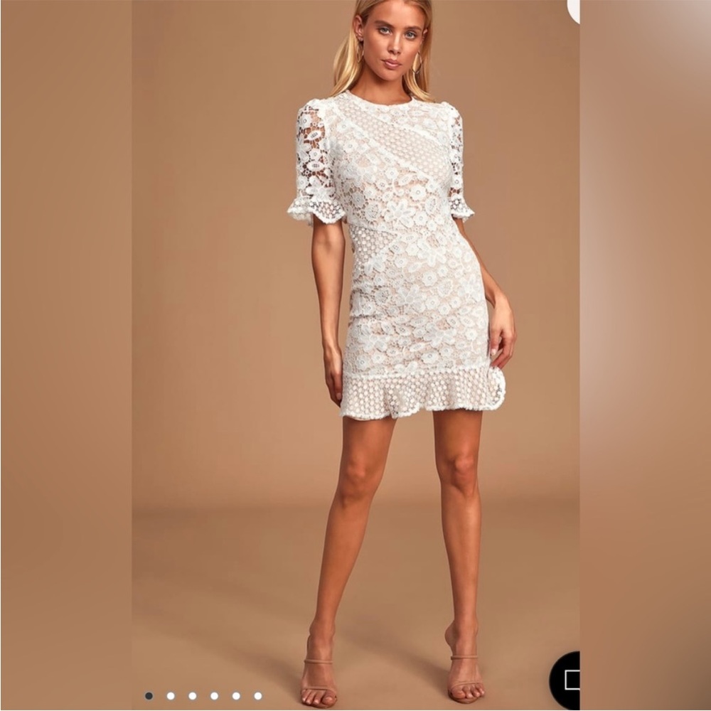 ❤️ Lulus My Dearest White Lace Short Sleeve Mini Dress